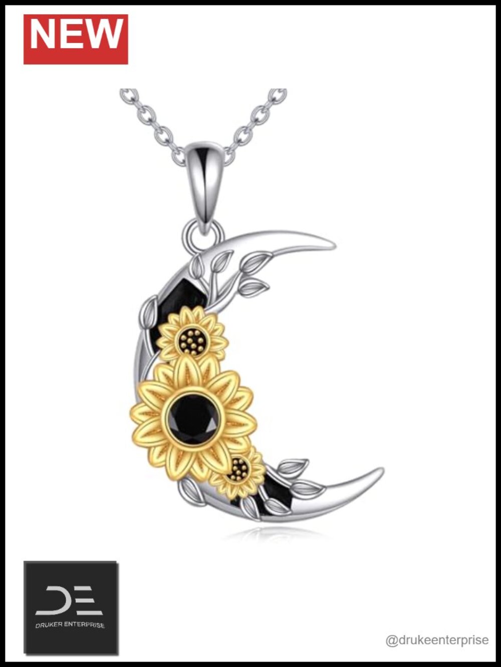 925 Sterling Silver Black Obsidian Sunflower Pendant Necklace with Crescent